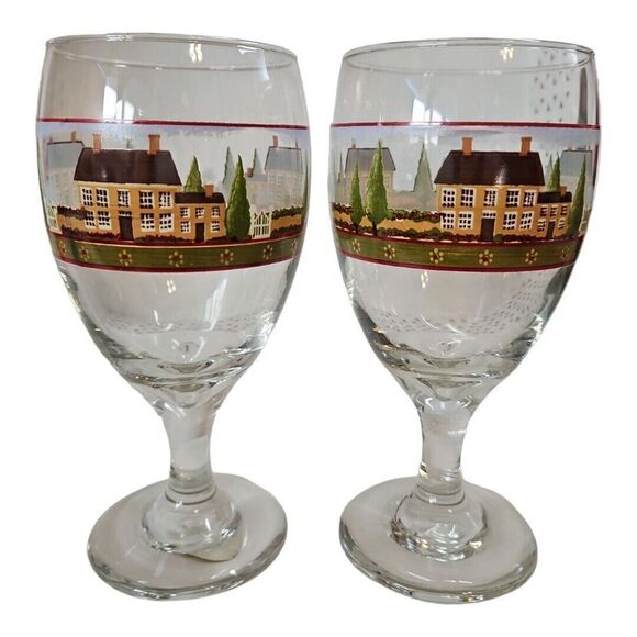 Block Country Village By Gear Farmhouse Sceen Water Goblets Glasses Set Of 2 - Picture 1 of 7